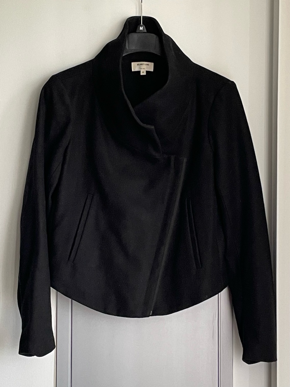 HELMUT LANG Black Asymmetrical Collar Wool Blend Cropped Jacket